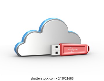 3d illustration of cloud computing concept and usb flash drive
