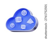 3D illustration of cloud shape with geometric objects for object storage, unstructured data, digital assets, multimedia hosting, s3 buckets, and data lakes.