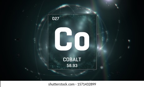 3D illustration of Cobalt as Element 27 of the Periodic Table. Green illuminated atom design background with orbiting electrons. Design shows name, atomic weight and element number