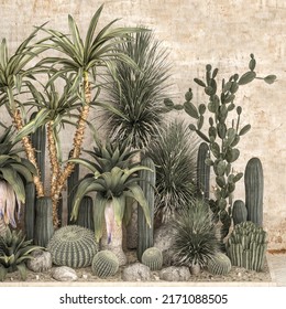 3D Illustration Collection Of Tropical Desert Plants On A White Background