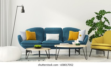 3D Illustration. Colorful Interior Of Living Room With A Blue Sofa And A Yellow Armchair