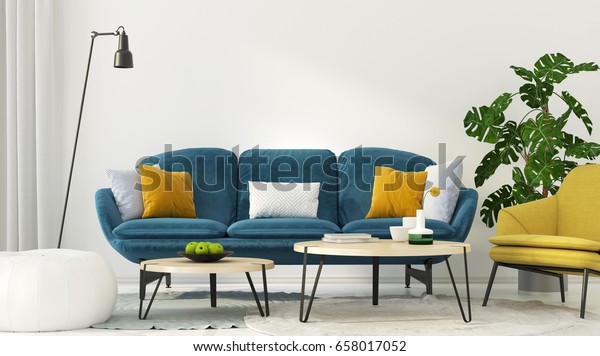 3dイラスト 青いソファと黄色い肘掛け椅子を持つ リビングルームのカラフルなインテリア のイラスト素材