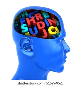 3d Illustration Of Colorful Letters Inside Head Over White Background