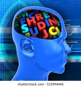 3d Illustration Of Colorful Letters Inside Head Over Digital Background