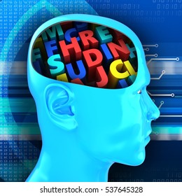 3d Illustration Of Colorful Letters Inside Head Over Digital Background