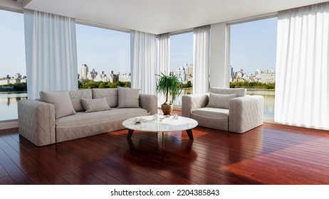 3d Illustration Of Comfortable Modern Living Room Interior Design With Sofa And Marble Table. Low Angle Shot