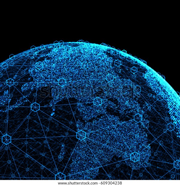 3D\
illustration. Communication of people in a social network without\
boundaries. Connection lines Around Earth Globe/The concept of\
social network, uniting people around the\
globe