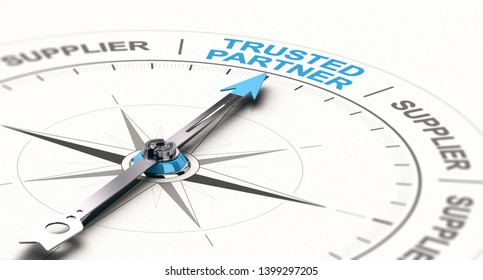 3D illustration of a compass with needdle pointing the text trusted partner. Concept of trustworthy partnership. 