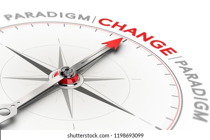 3D Illustration Of A Compass With Needle Pointing The Word Change. Concept Of Paradigm Shift