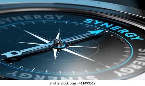 3D Illustration Of A Compass With The Needle Pointing The Word Synergy. Black Background