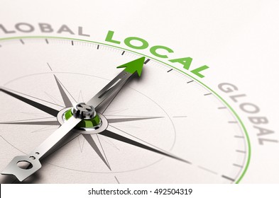 3D Illustration Of A Compass With Needle Pointing The Word Local Business. Concept Of An Ethical Economy