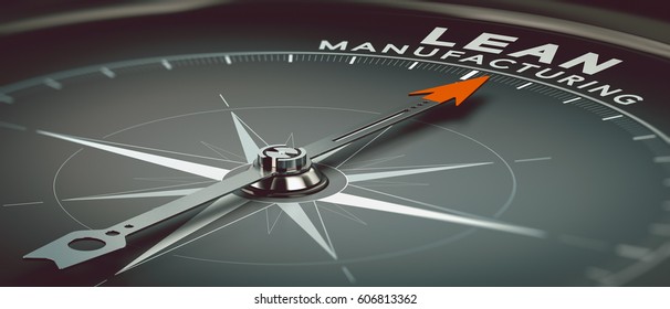 3D illustration of a compass with needle pointing the text lead manufacturing. Concept of industry and productivity consulting. 