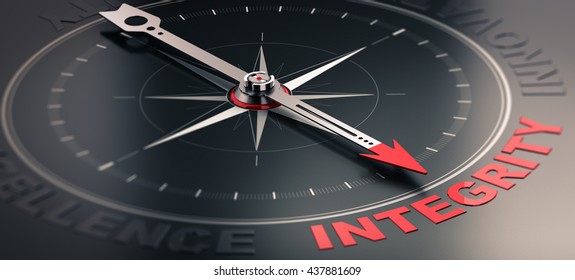 3D Illustration Of A Compass Over Black Background With Needle Pointing The Word Integrity. Concept Image Of Company Core Values