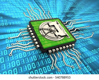 3d Illustration Of Computer Chip Over Digital Background With Vault Door And With Code Inside