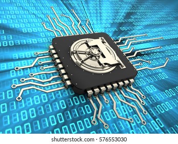 3d Illustration Of Computer Chip Over Digital Background With Vault Door