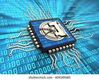 3d Illustration Of Computer Chip Over Digital Background With Vault Door And Binary Code Inside