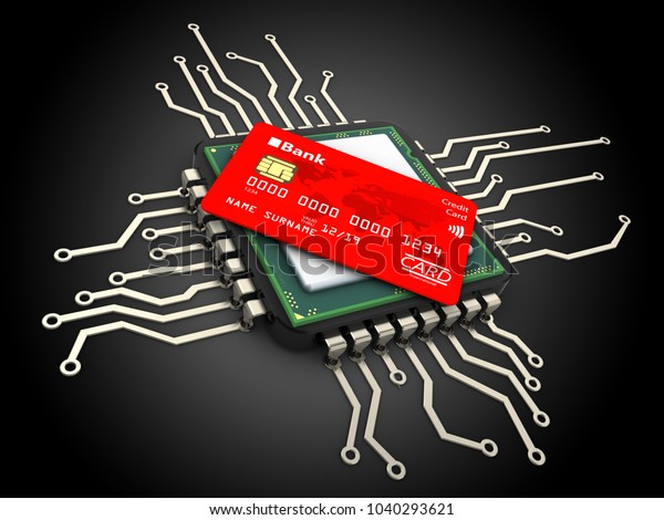 3d illustration of computer chip over black background
with bank card 