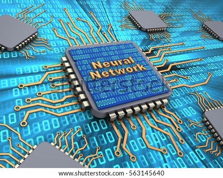3d illustration of computer chips over digital background with neural network sign and binary code inside