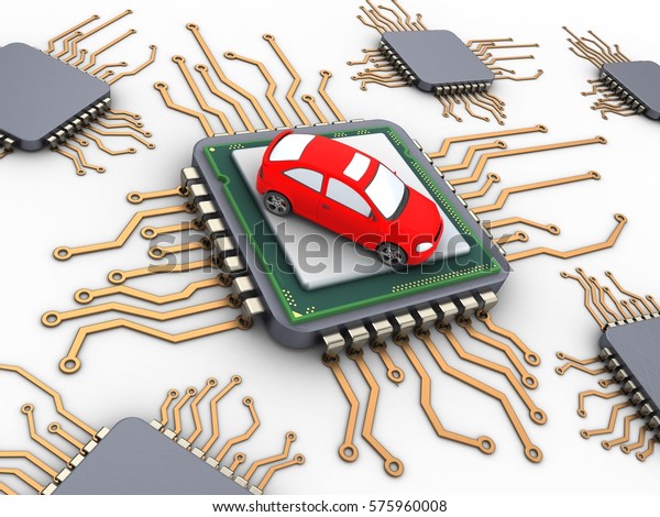 3d illustration of computer chips over white background\
with car 