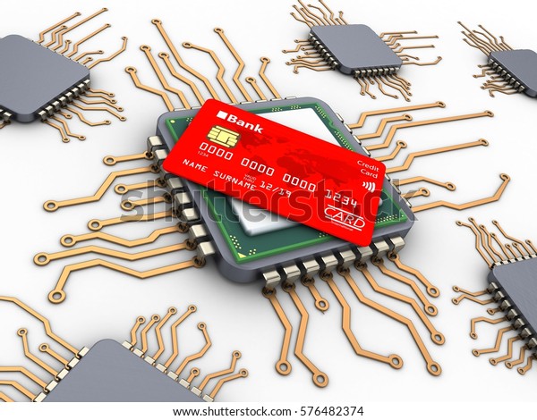 3d illustration of computer chips over white background\
with bank card 