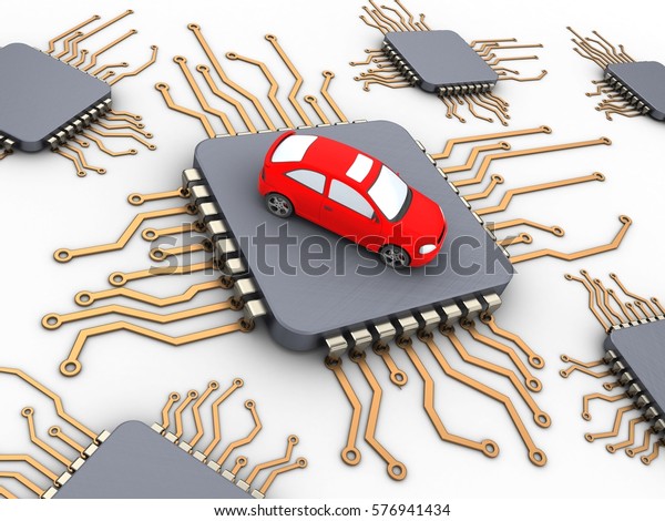3d illustration of computer chips over white\
background with car