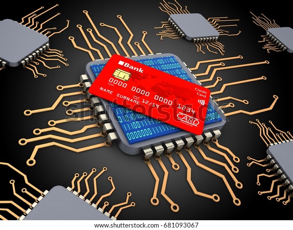 3d illustration of computer chips\
over black background with bank card and binary code\
inside