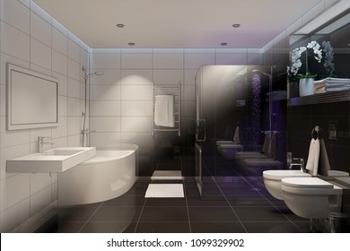 3d illustration. Computer generated shower room turns into a real interior
