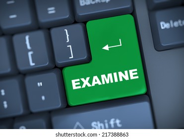 3d illustration of computer keyboard enter button with word examine