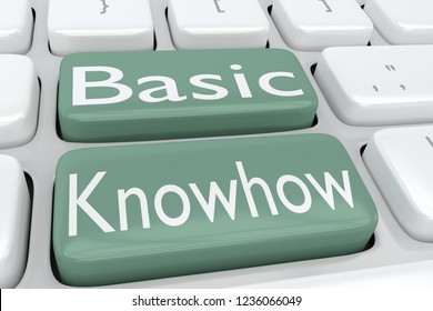 3D illustration of computer keyboard with the script Basic Knowhow on two adjacent green buttons