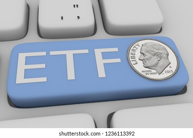 3D Illustration Of Computer Keyboard With The Script ETF On A Pale Blue Button, With A ONE DIME Silver Coin