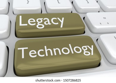 3D illustration of computer keyboard with the script Legacy Technology on two adjacent buttons