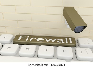 3D illustration of computer keyboard with the script Firewall on a button along with a security camera on a wall.