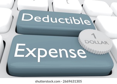 3D illustration of computer keyboard with the script Deductible Expense on two buttons along with a silver 1 DOLLAR coin.