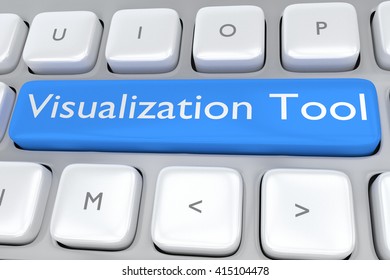 3D illustration of computer keyboard with the script "Visualization Tool" and location icon on pale blue button. Software concept.