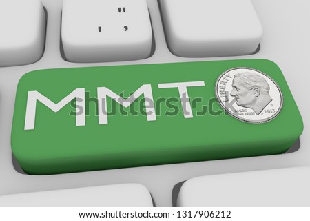 3D illustration of computer keyboard with the script MMT on a green button, with a ONE DIME silver coin