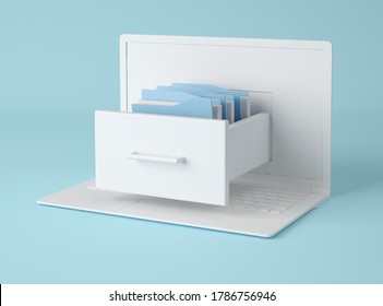 3D Illustration. Computer Laptop And File Cabinet With Folders. Data Storage Concept. Business Concept.