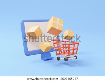 3D illustration with a computer screen with a package box bursting out with a shopping cart. For fast online ordering and instant delivery concept isolated on white background.