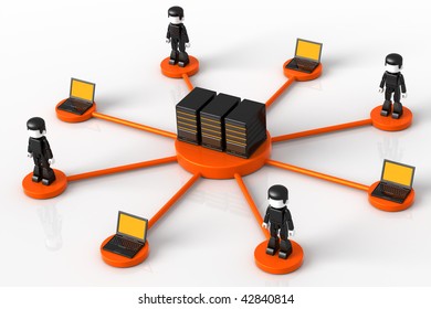 3D illustration of computer servers, laptops and Minitoy people connected in a hub-like orange network,