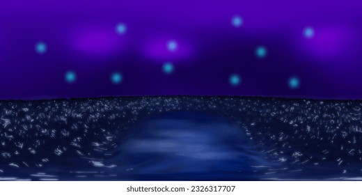 3D Illustration; Computer-generated imagery;  CGI modeling; HDRI; 360º view panoramic; VR; Water reflections with purple sky night 