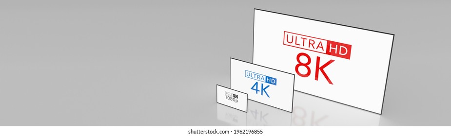 3D illustration concept 8K tv size comparison with 4k tv and fullHD tv
