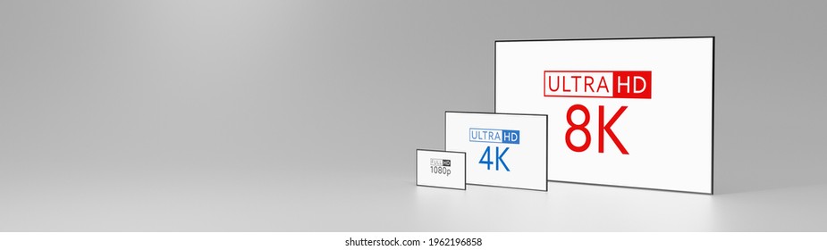 3D illustration concept 8K tv size comparison with 4k tv and fullHD tv