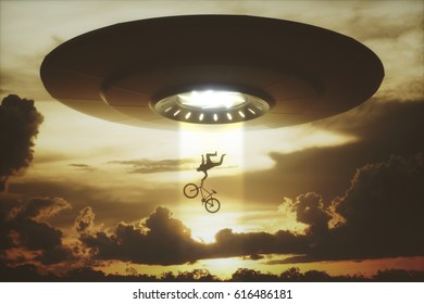 3D illustration. Concept of alien abduction. People levitating into the alien ship.