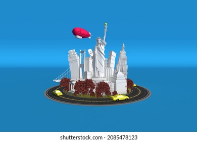 3D illustration of the concept of America. Symbols of America - Statue of Liberty, houses, cars on a blue background