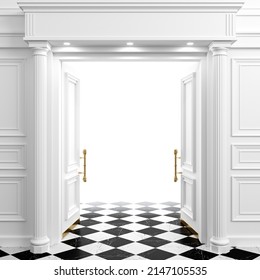 3d illustration. Concept background white open door and bright light. White wood wall panels