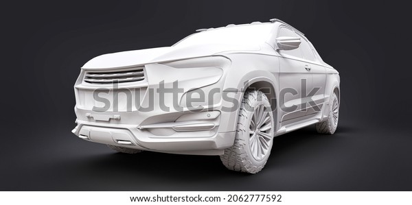 3D illustration of concept cargo\
pickup truck on grey isolated background. 3d\
rendering