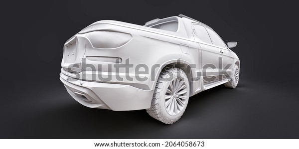 3D illustration of concept cargo\
pickup truck on grey isolated background. 3d\
rendering