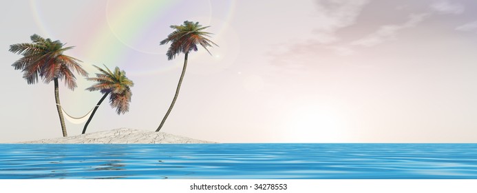 3D illustration of concept or conceptual isolated exotic island, palm tree, hammock and sand in the sea or ocean sky background with a rainbow for tropical, hot, vacation, relax, leisure or tourism