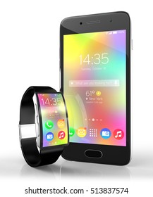 3d illustration. concept connectivity between mobile devices: smartphone and smart watches with a bright display isolated on white with reflection effect