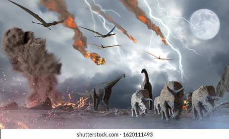 
3D Illustration of a concept destruction of dinosaurs by a falling meteorite, 3d render