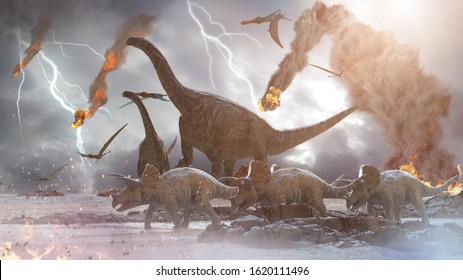 
3D Illustration Of A Concept Destruction Of Dinosaurs By A Falling Meteorite, 3d Render